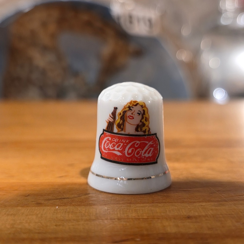 Vintage 90s Coca-Cola Porcelain Thimble Pin-Up Girl Soda Advertising Collectible